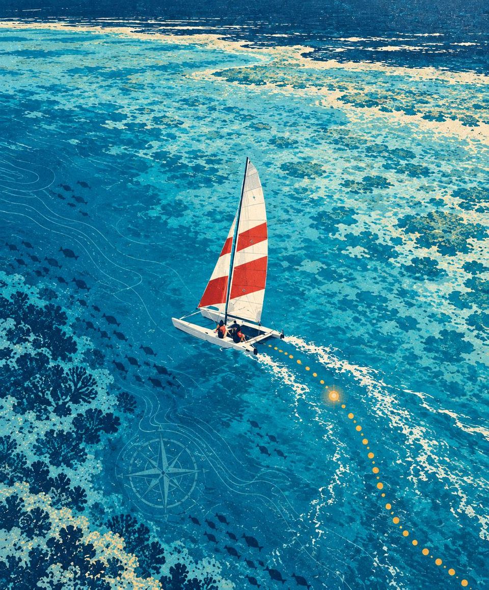 A catamaran sailing across shallow reef flats