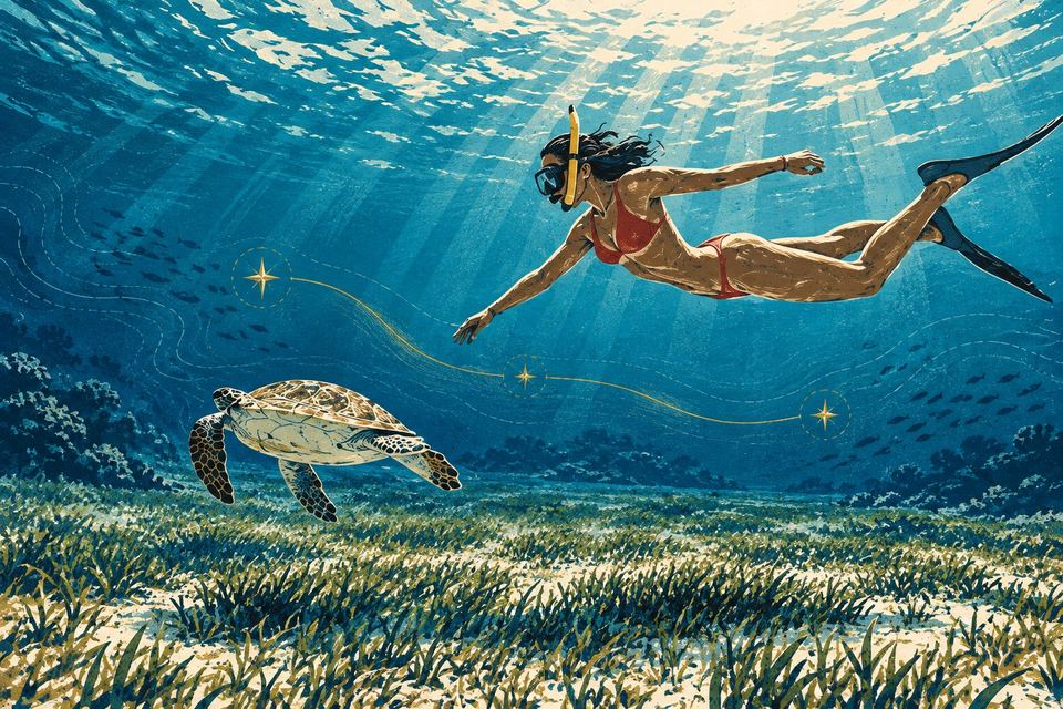 A snorkeller swimming over seagrass towards a green sea turtle