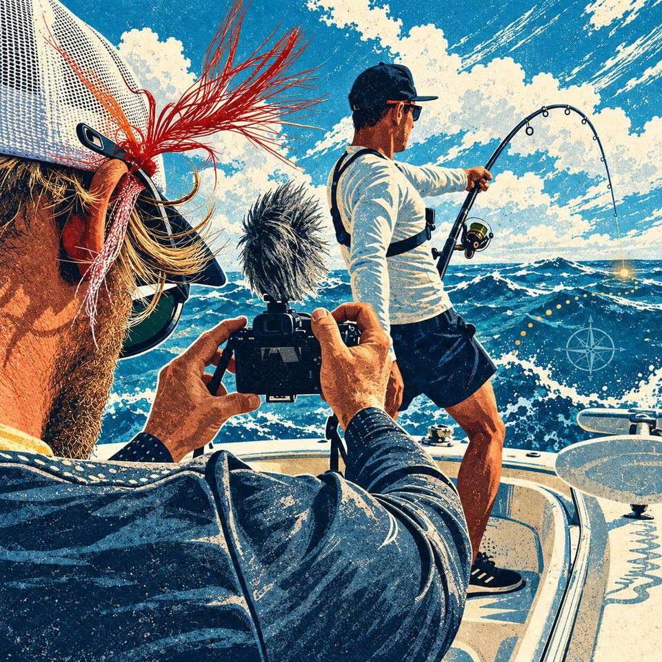 An angler with a bent rod on a fishing boat at sea