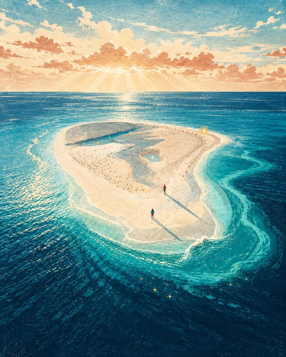 Two people walking across a small white sandbank surrounded by turquoise water