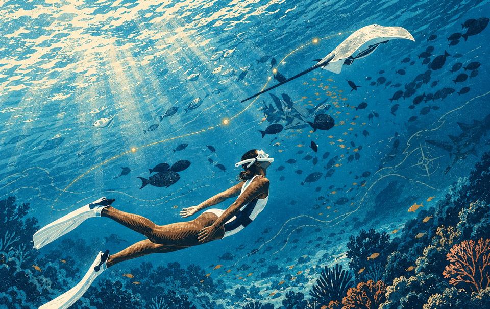A snorkeller in open water with a manta ray gliding below