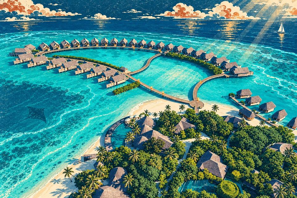 An aerial view of overwater villas, reef and lagoon