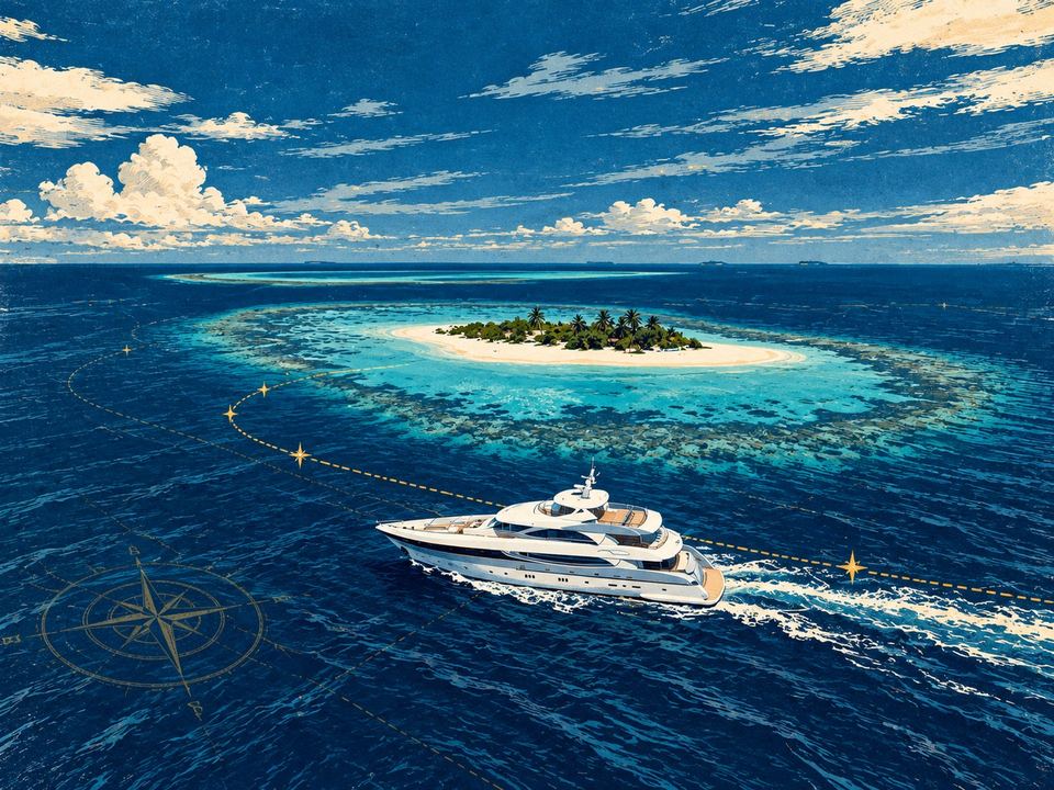 A yacht crossing a reef lagoon towards a palm-covered island