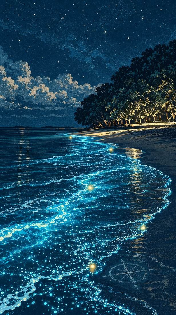 A starry night sky over a shoreline, with a compass rose drawn in the sand